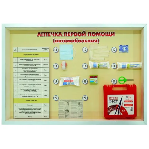 Стенд "Аптечка первой помощи (автомобильная)" с образцами под оргстеклом Zarnitza